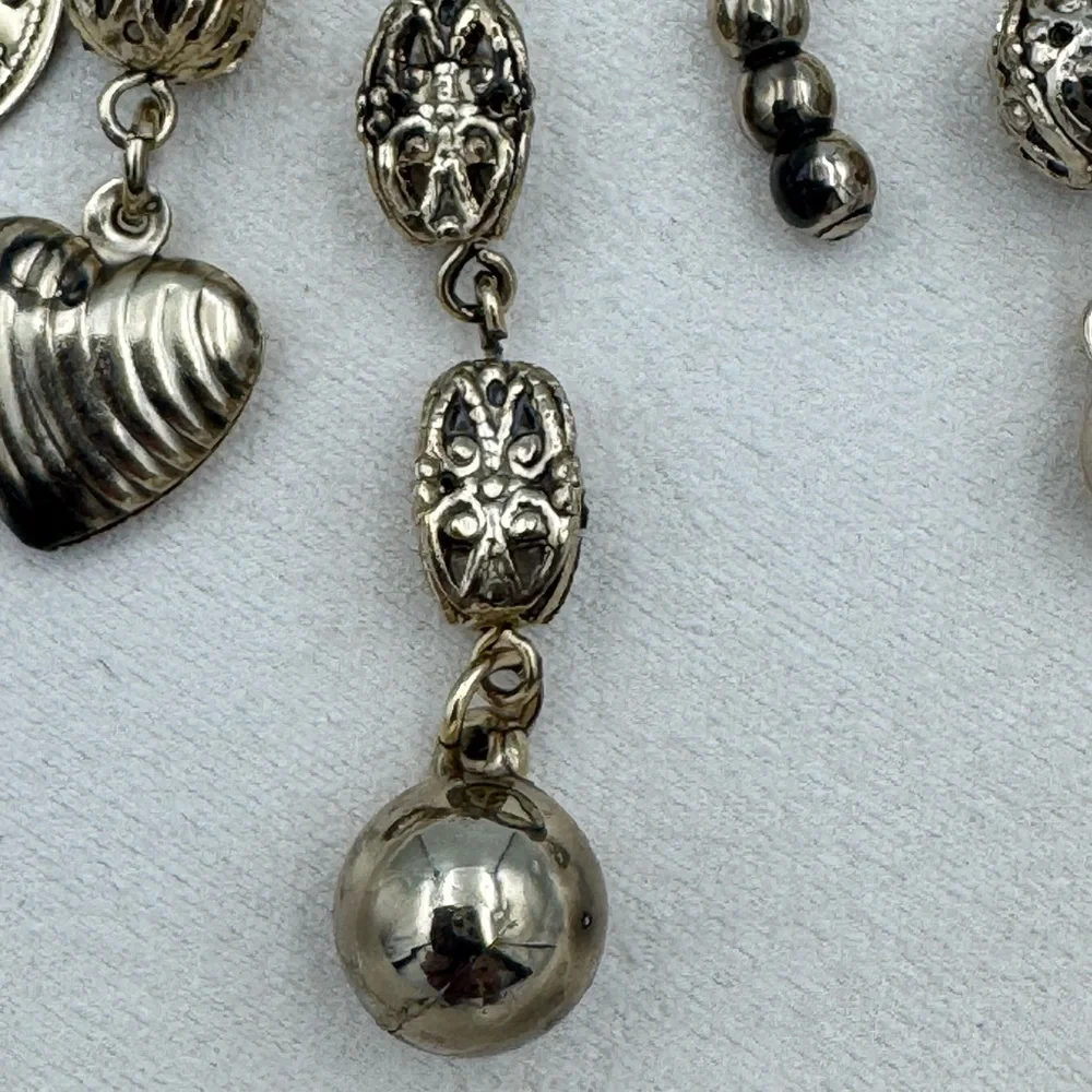 Vintage Nordic Style Dangle Charm‎ Brooch Black Cabochon Coin Heart Silver Tone